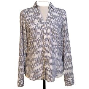 Express Size XS Blouse Portofino Eiffel Tower Print White Blue Roll Tab Sleeve